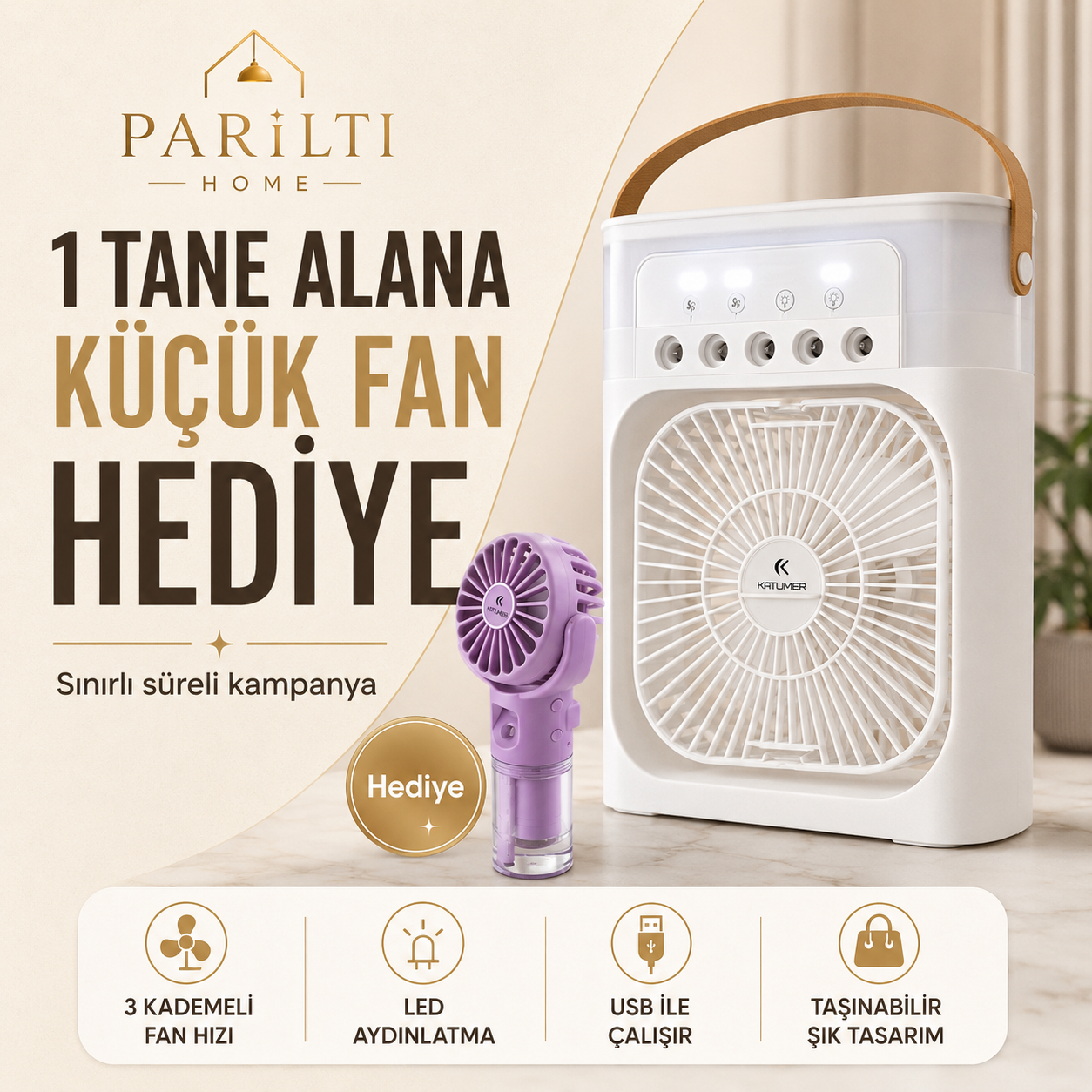 Parıltı Home Taşınabilir LED Işıklı Serinletici Fan - Mini Fan Hediyeli