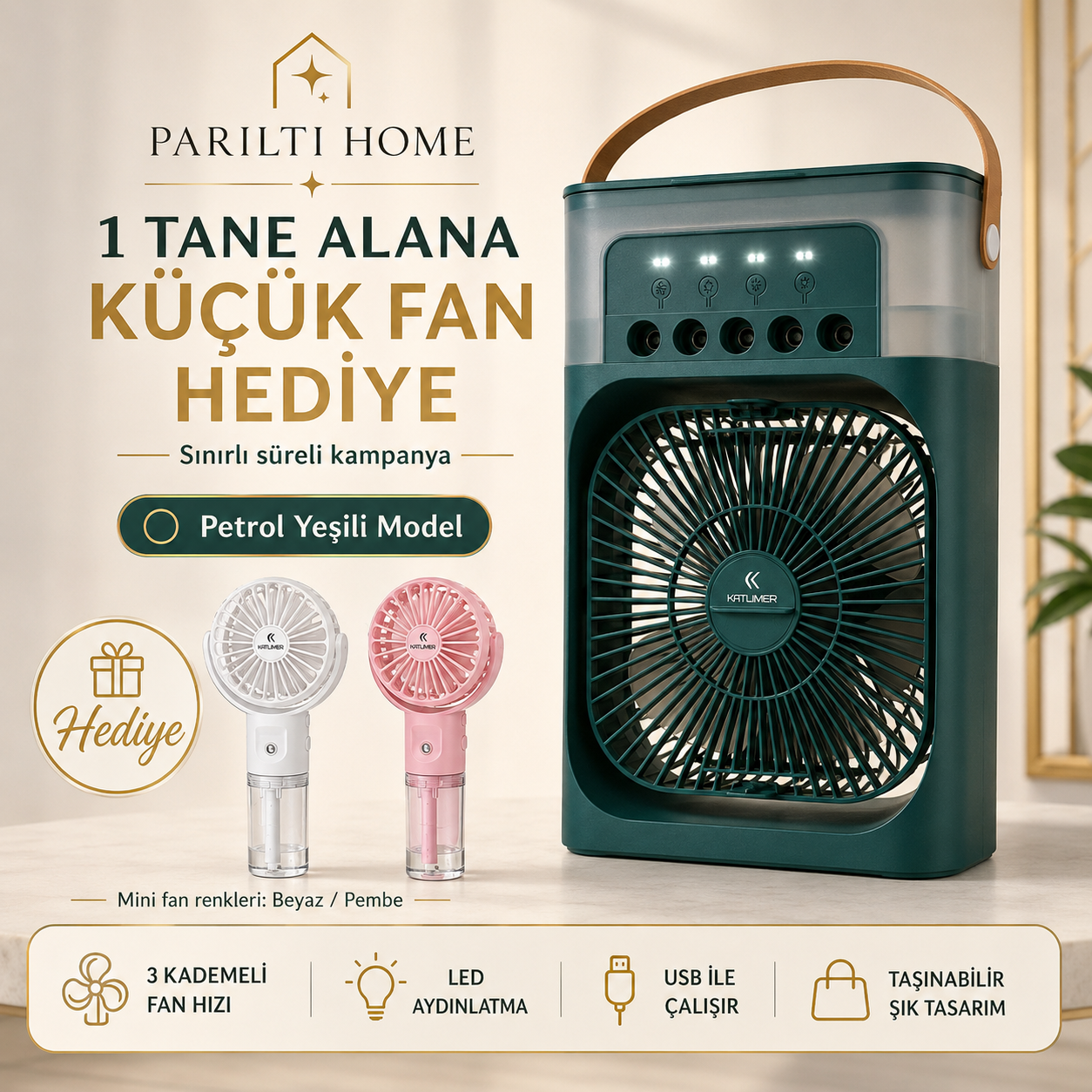 Parıltı Home Taşınabilir LED Işıklı Serinletici Fan - Mini Fan Hediyeli
